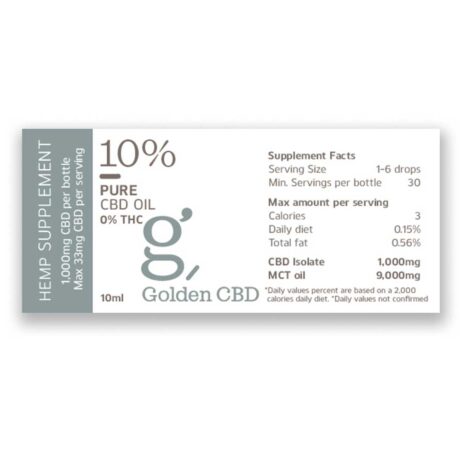 רכיבים של שמן סיבידי טהור 1000 מ״ג של חברת Golden CBD על רקע אפור עם הכיתוב לא פסיכואקטיבי