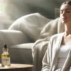 אישה יושבת ליד בקבוק של שמן סיבידי